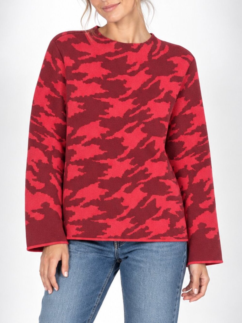 Chico’s Size 2 L Red Burgundy Abstract Camo Bell Sleeve Sweater